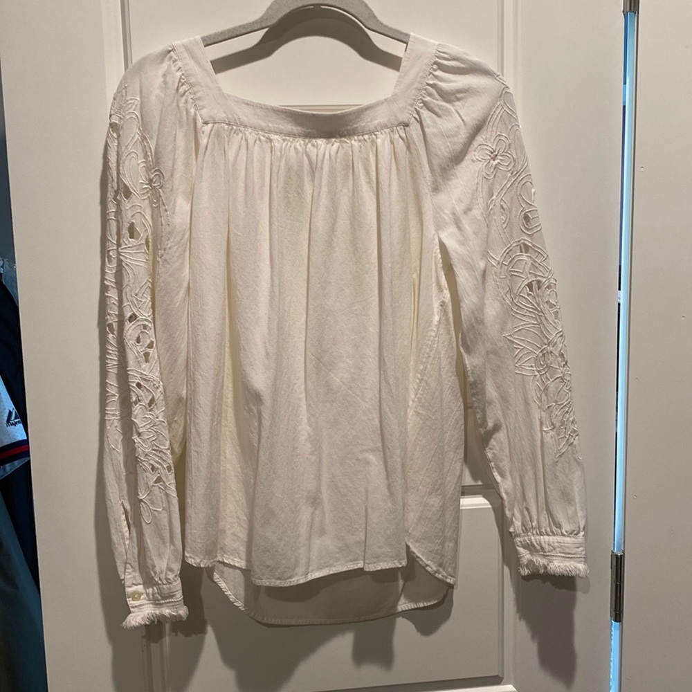 LOFT White Embroidered Long-Sleeve Peasant Blouse